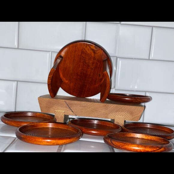Vintage Julie Pomerantz 7 pc Teakwood Coaster Set Midcentury Modern - Picture 3 of 6